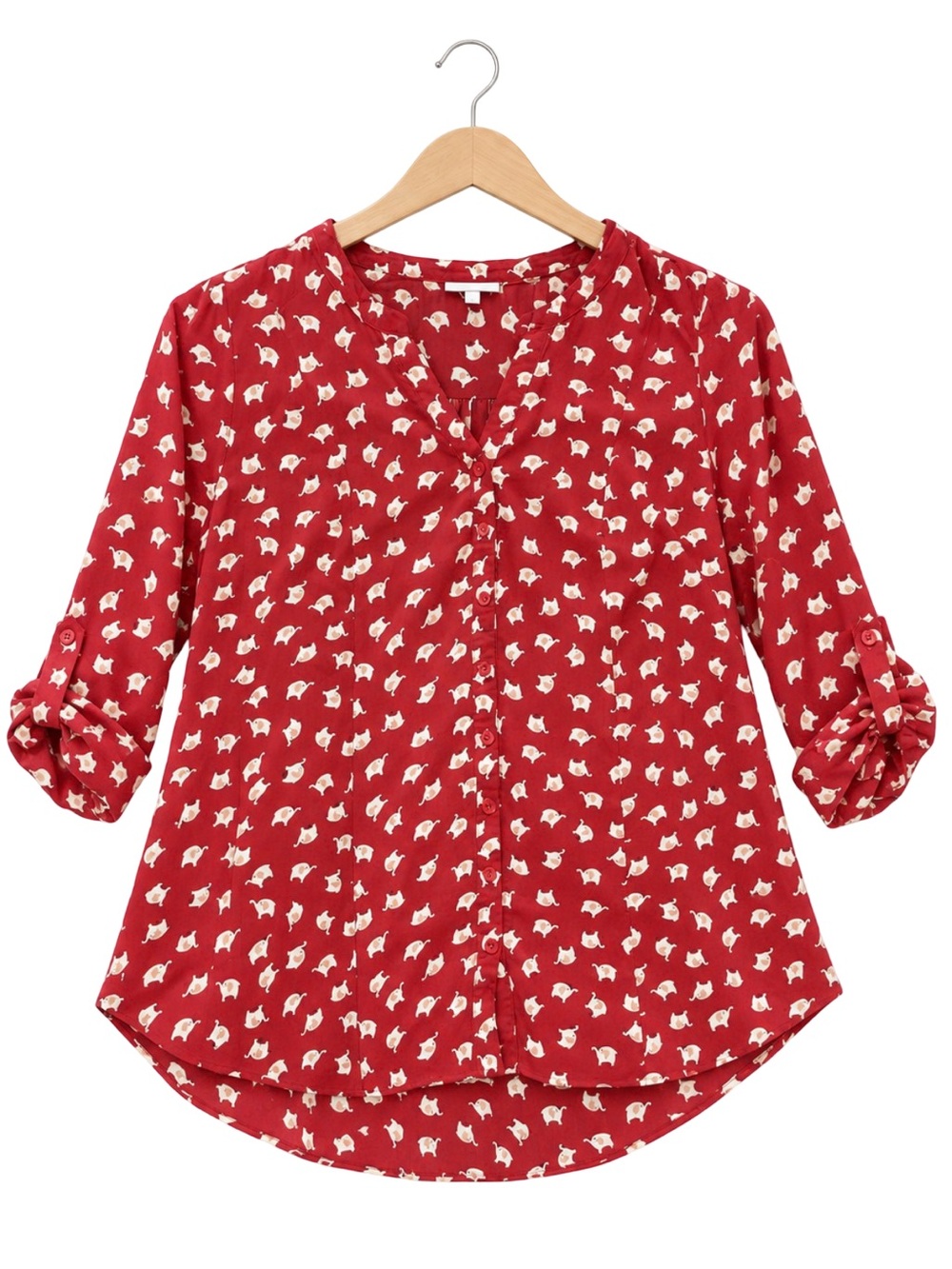 ModCloth Whimsical Elephant Pattern Top Red White Tab Sleeve Blouse Size 2X